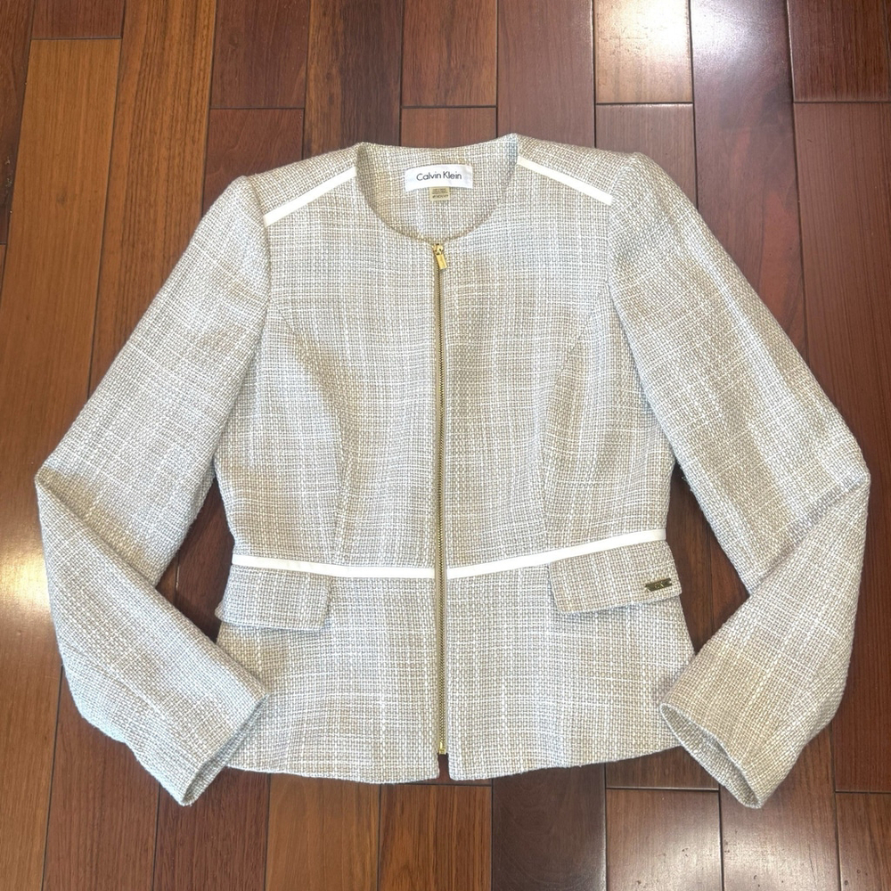 Calvin Klein Cotton Blend Tweed Blazer Jacket Size:4P Ivory Zip up Lined Pockets - Picture 5 of 14